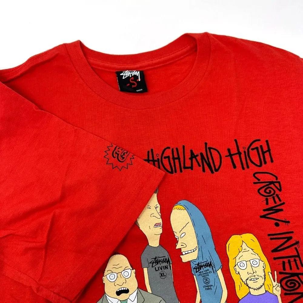 STUSSY‎ X BEAVIS & BUTT-HEAD Red Graphic Highland High T-Shirt NEW W/O TAG Small